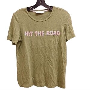 Tory Burch Linen Olive Green 'Hit The Road' Sequin Graphic T-Shirt Size Medium